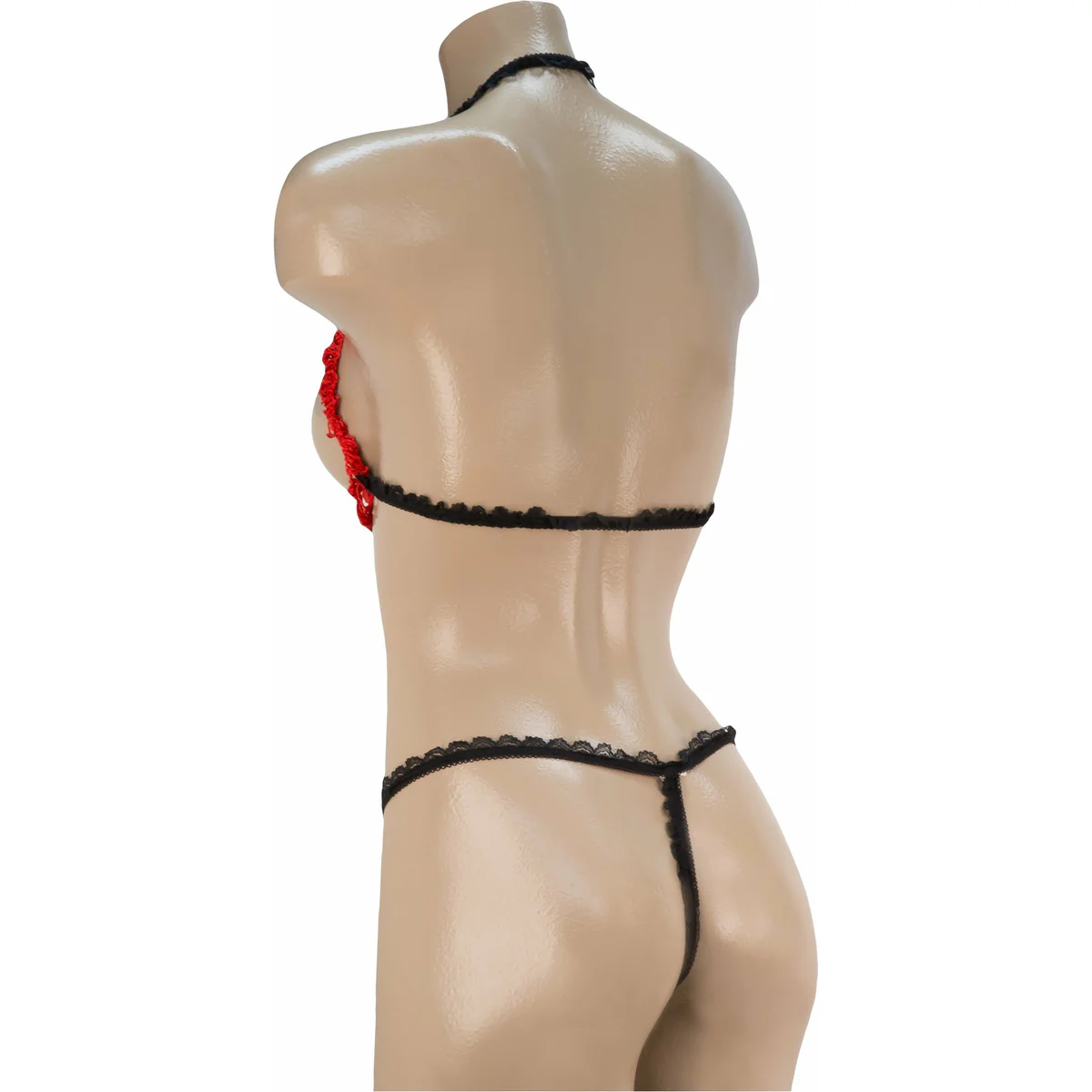 Sexy 2 PC Open Bra & Crotchless Panty Set - Black with Red - O/S