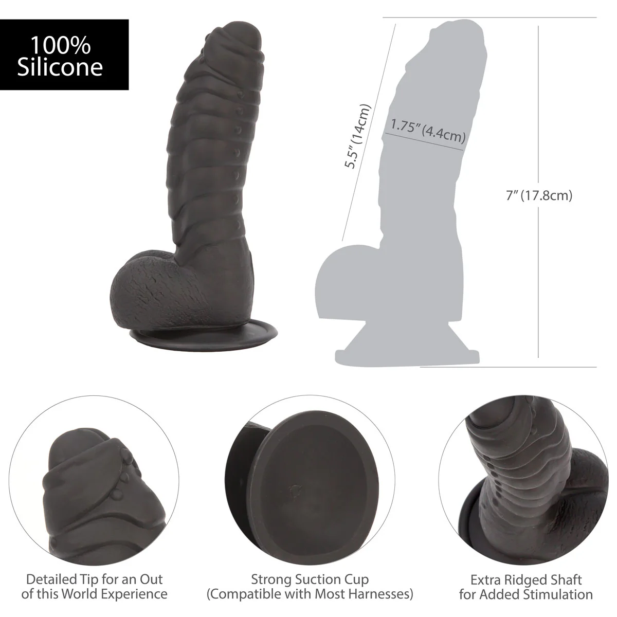 Pure Love® - Fantasy Silicone Dildo With Suction Base – 7 In. – Black