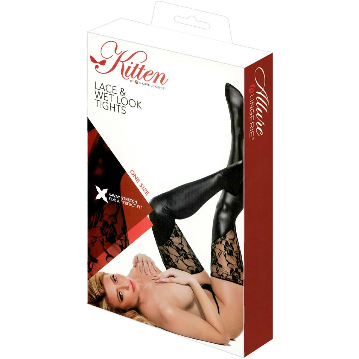 Allure Kitten - Lace & Wet Look Tights - Black - O/S